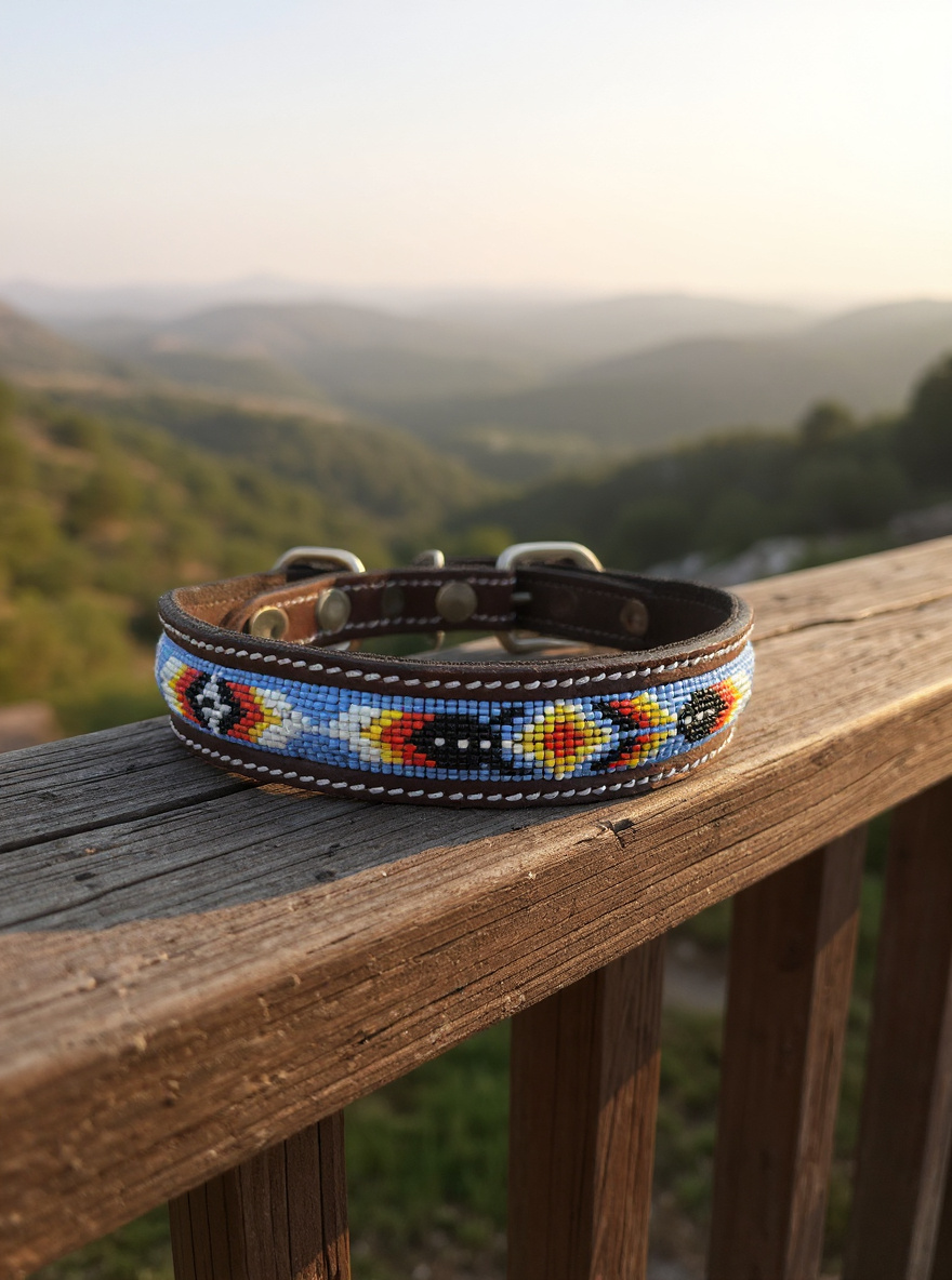 Epic Padded Leather Dog Collar with Beaded Design Dog Collar - detail view