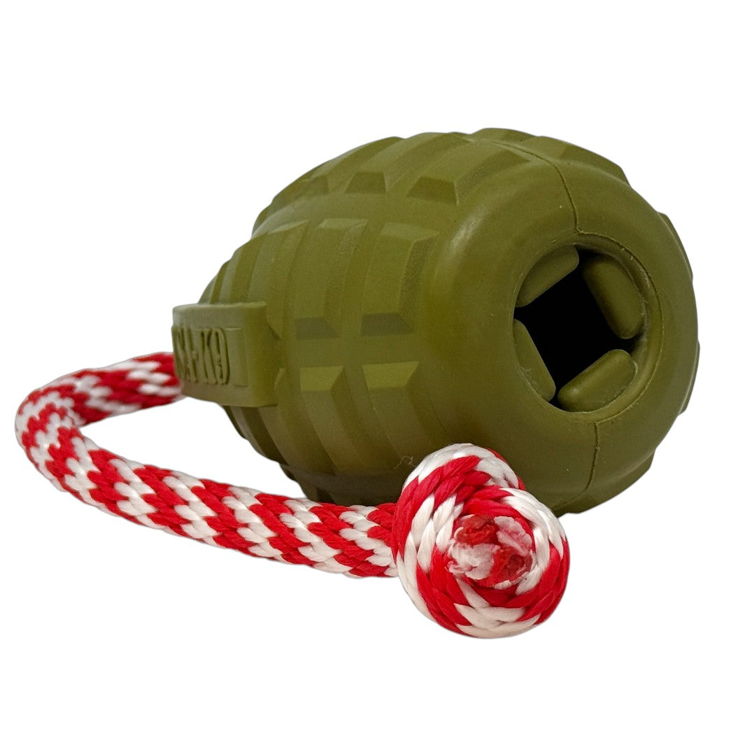 USA K9 Grenade Shaped Rubber Dog Toy Chew Treat Disp 41189 - lifestyle view
