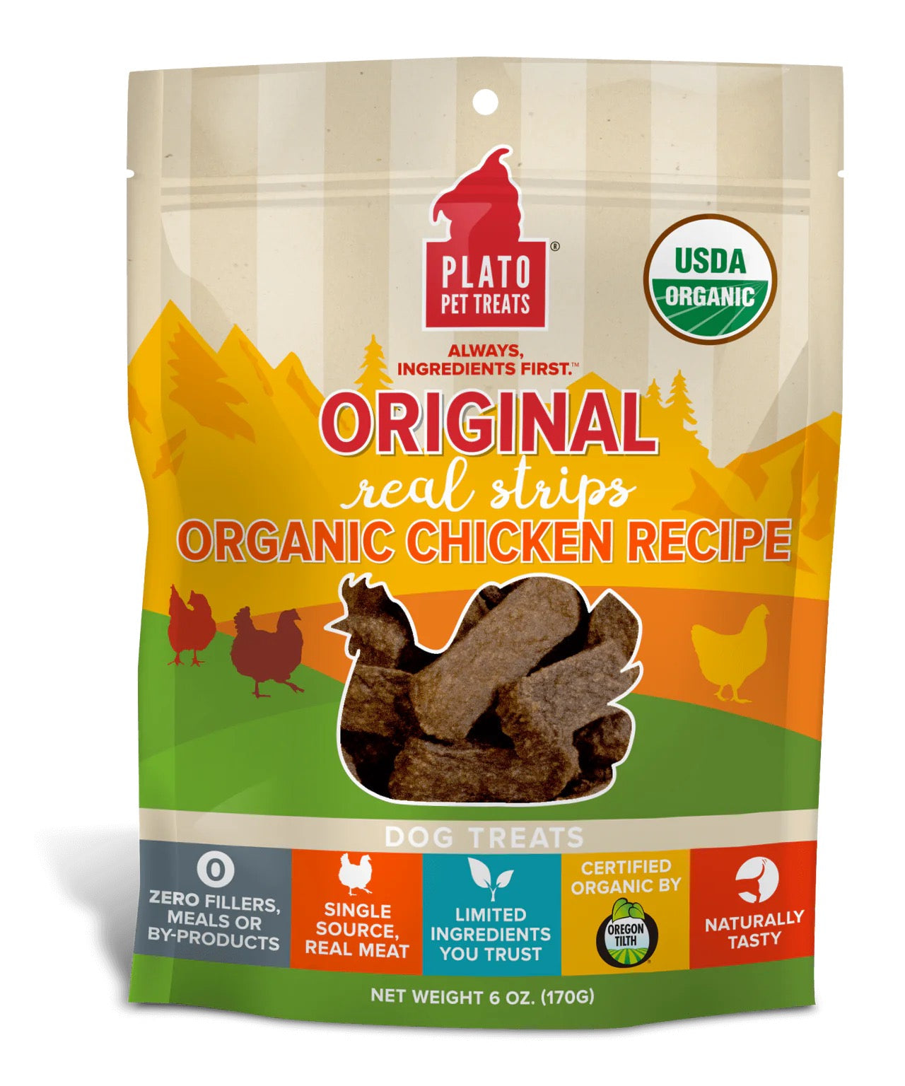 Plato Original Real Strips Organic Chicken Dog Treats (6oz) - main product image