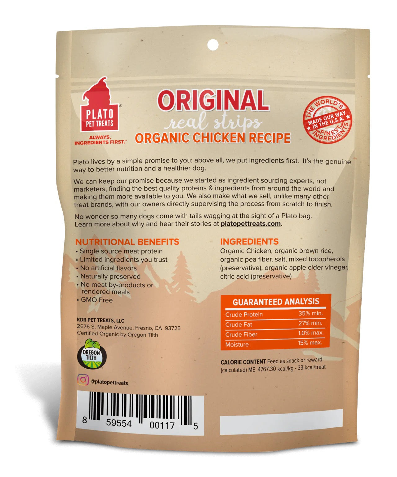 Plato Original Real Strips Organic Chicken Dog Treats (6oz) - detail view