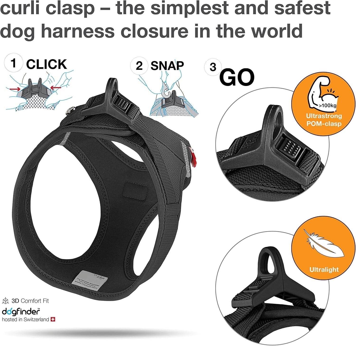 Curli Air Mesh Clasp Black Vest Harness Adjustable Dog Gear - close up view