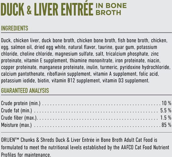 Orijen Grain Free Chunks Shreds Duck Liver Wet Cat Food 3Oz - close up view