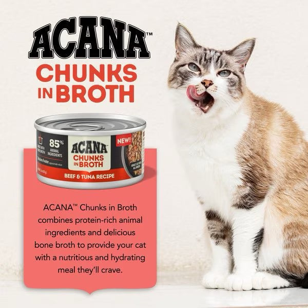 Acana Grain Free Chunks in Broth Beef & Tuna Wet Cat Food (3oz) - close up view | Cat Food at Purrfect Pet Kingdom