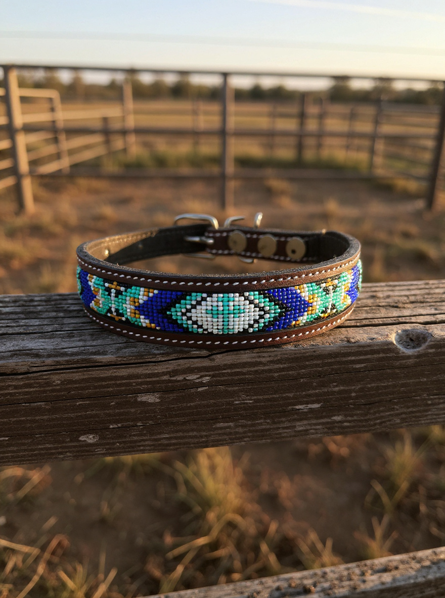 Epic Padded Leather Dog Collar with Beaded Design Dog Collar - detail view