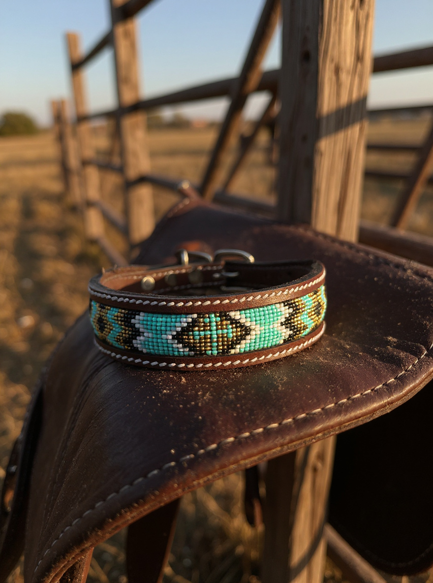 Epic Padded Leather Dog Collar with Beaded Design Dog Collar - detail view