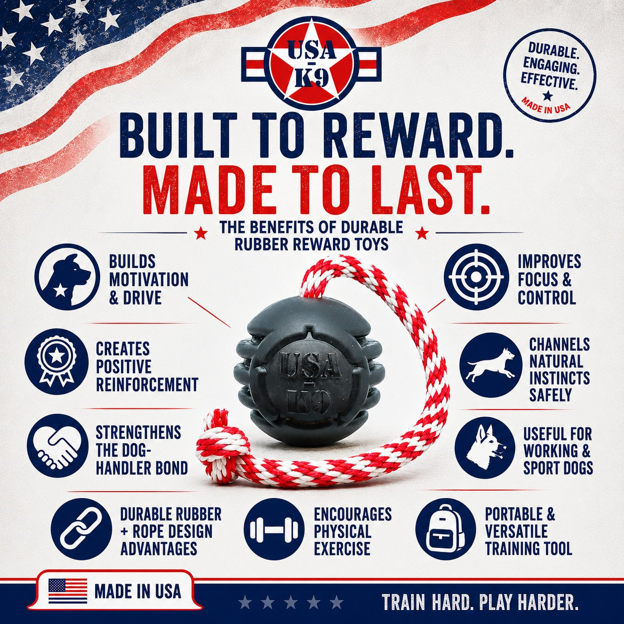 USA K9 Magnum Stars And Stripes Rubber Dog Toy K9 Handler - lifestyle view