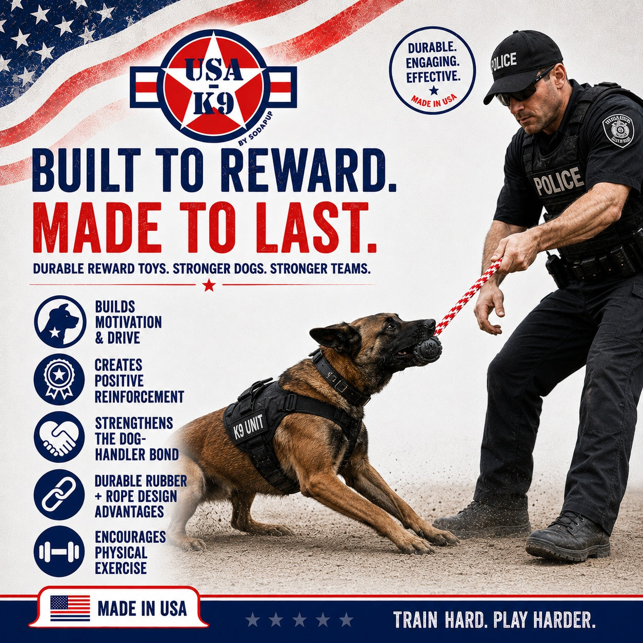 USA K9 Magnum Stars And Stripes Rubber Dog Toy K9 Handler - close up view
