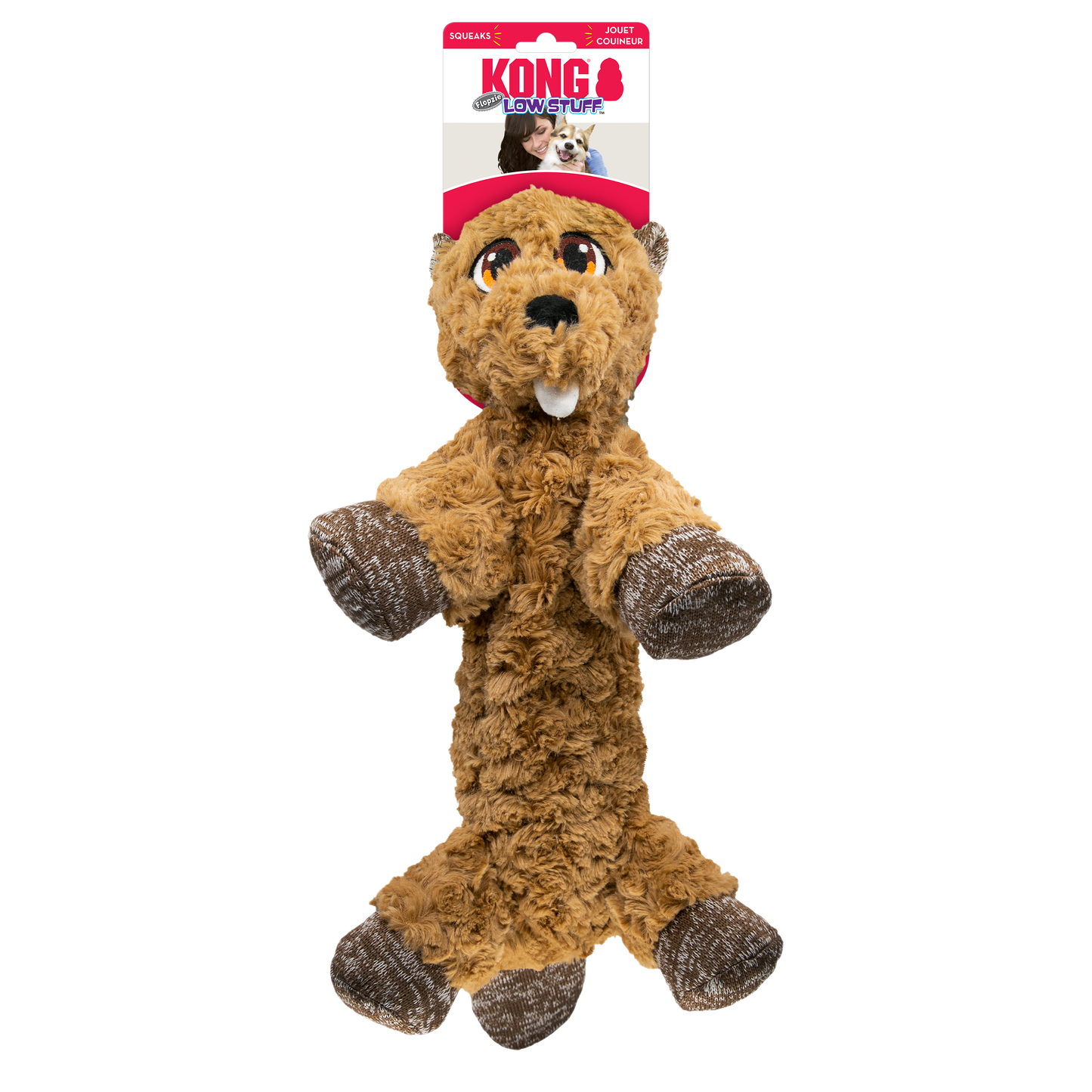 KONG Low Stuff Flopzie Beaver Medium Plush Dog Toy Durable - lifestyle view