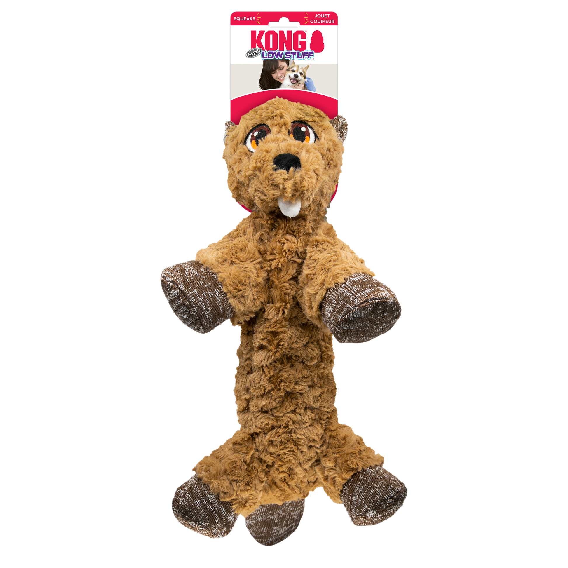 KONG Low Stuff Flopzie Beaver Medium Plush Dog Toy Durable - lifestyle view