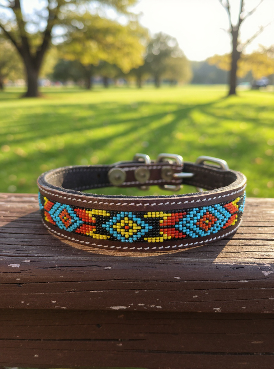 Epic Padded Leather Dog Collar with Beaded Design Dog Collar - detail view