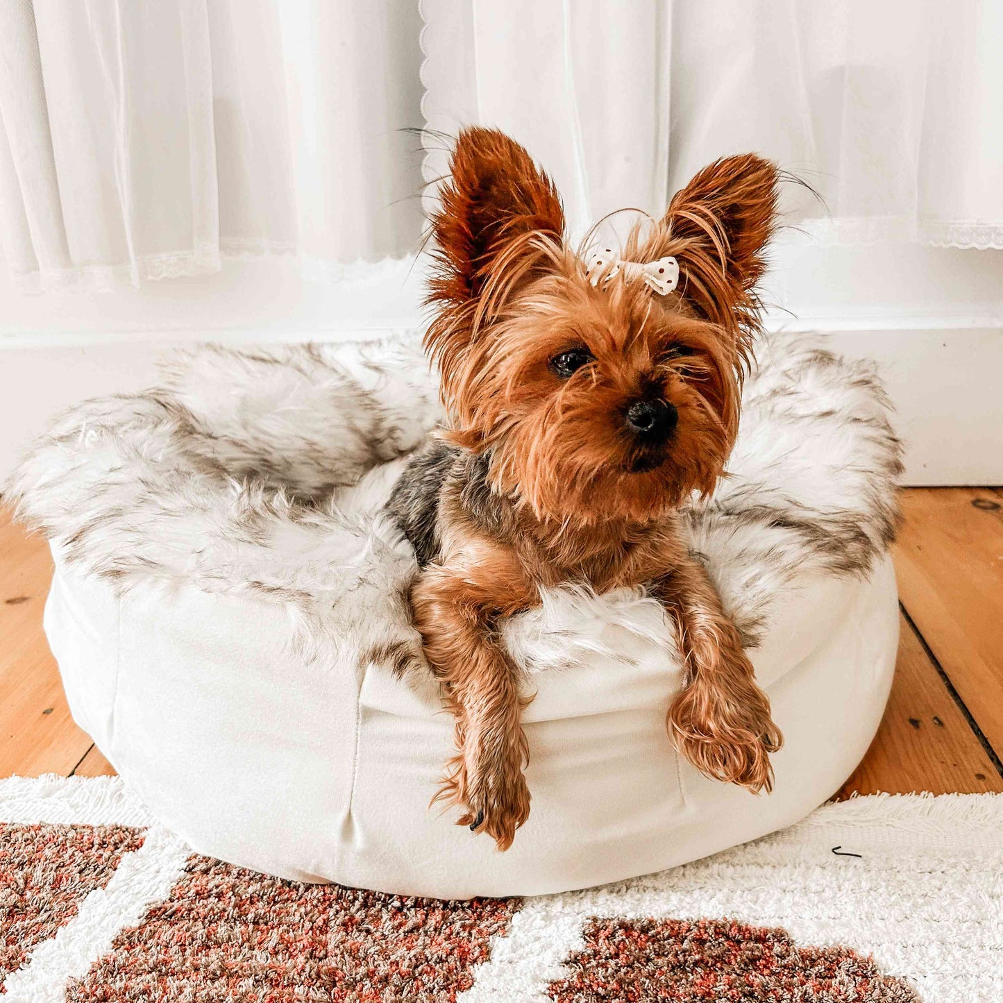 PupPoufT Faux Fur Donut Dog Bed - White with Brown Accents - gallery image 8