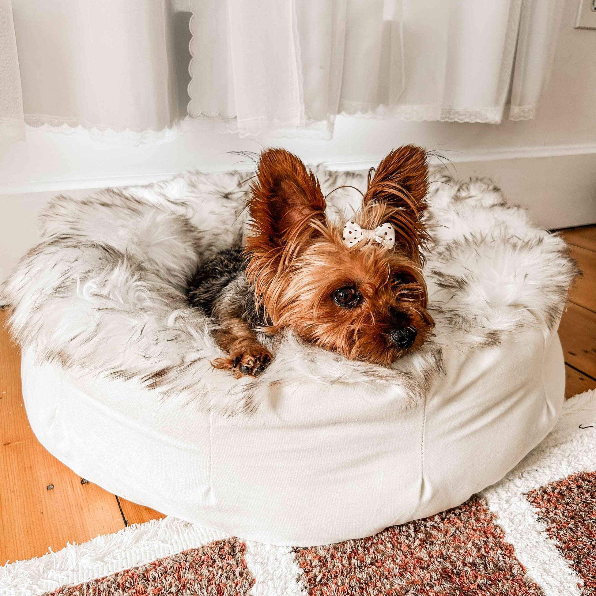 PupPoufT Faux Fur Donut Dog Bed - White with Brown Accents - main product image