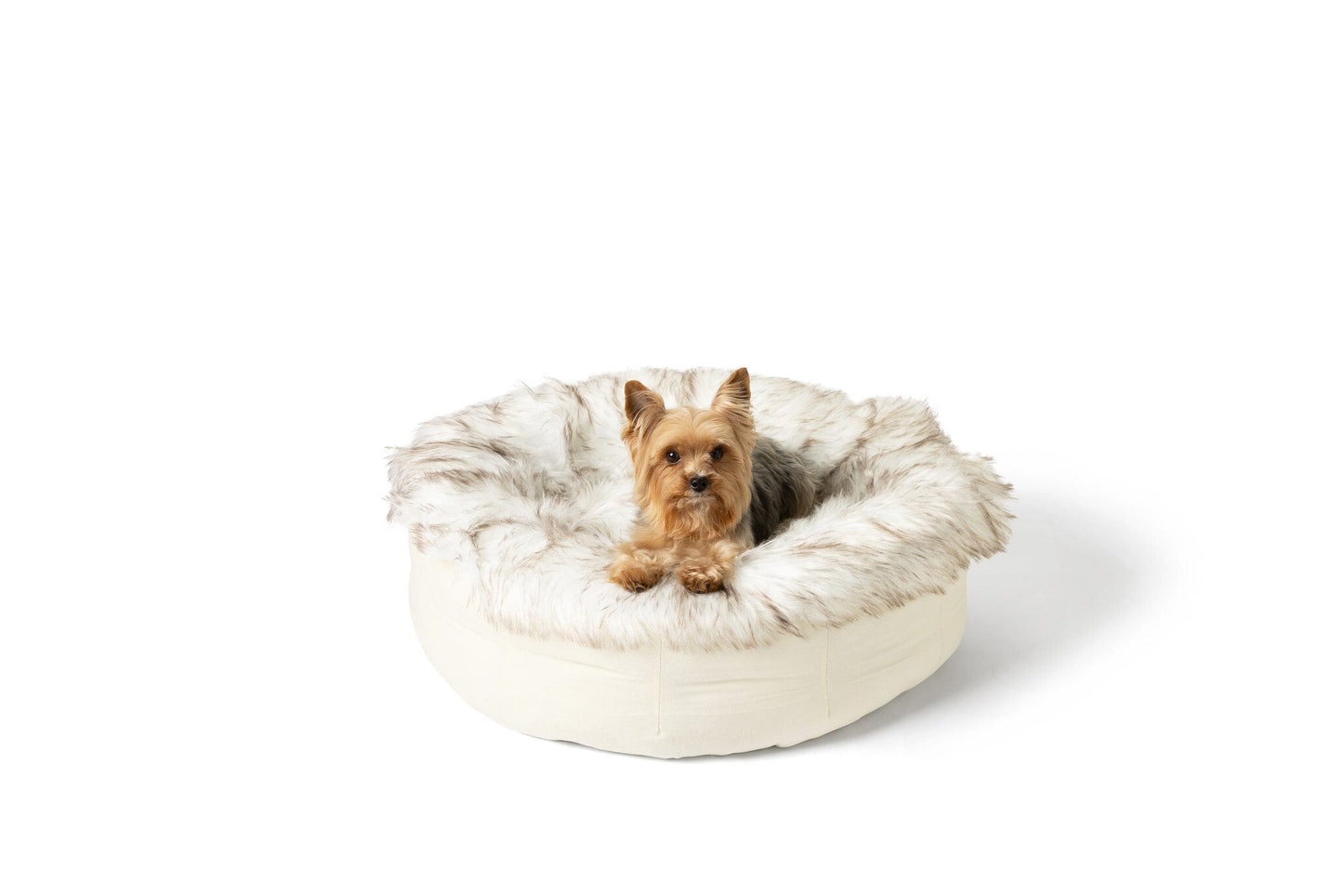 PupPoufT Faux Fur Donut Dog Bed - White with Brown Accents - lifestyle view