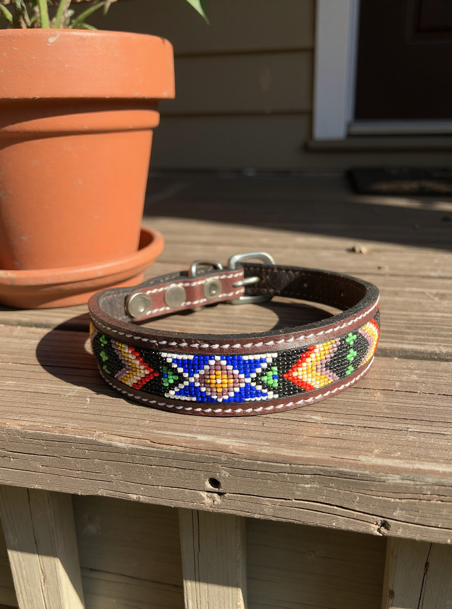 Epic Padded Leather Dog Collar with Beaded Design Dog Collar - detail view