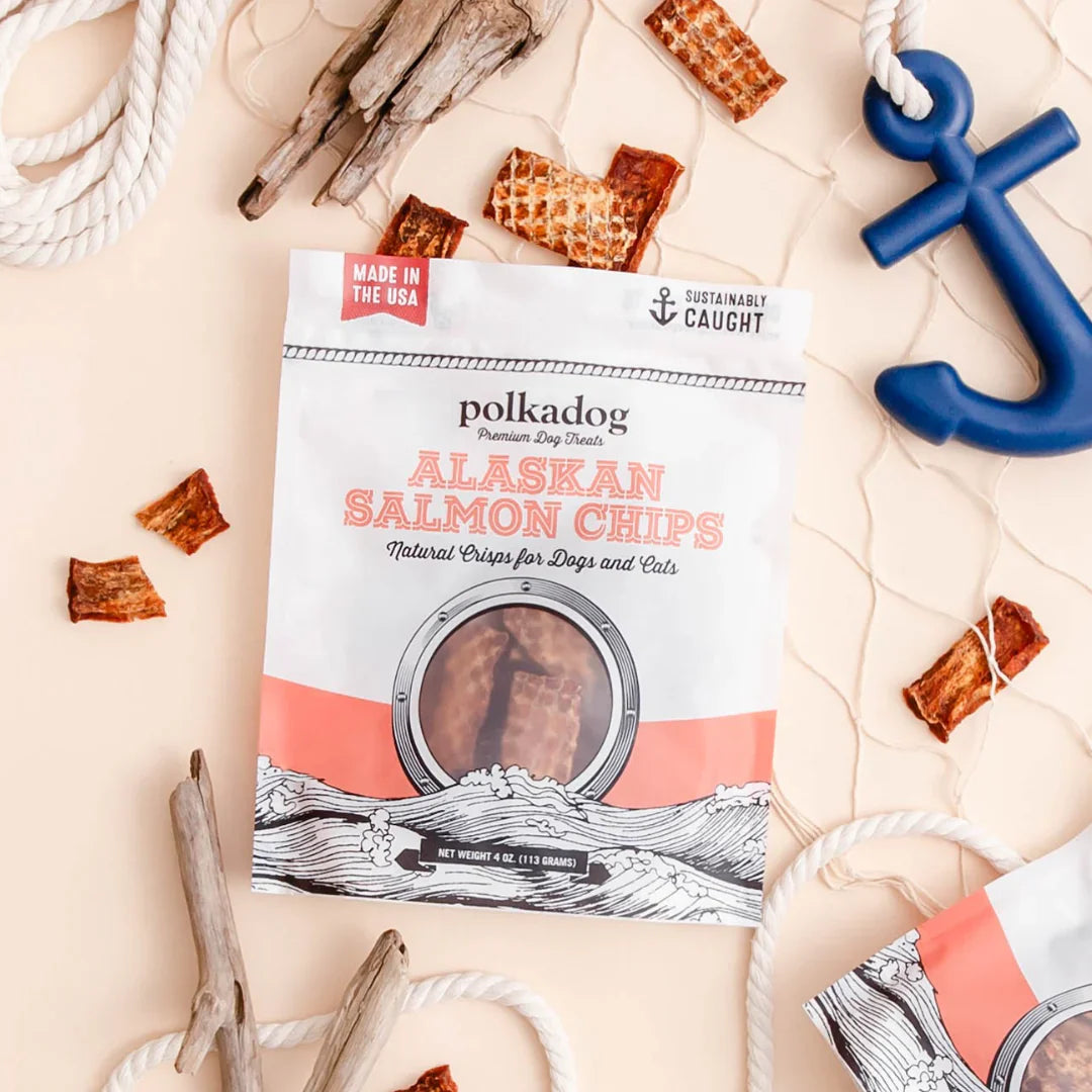 Polkadog Alaskan Salmon Chips 4Oz Dog Treats Premium - close up view