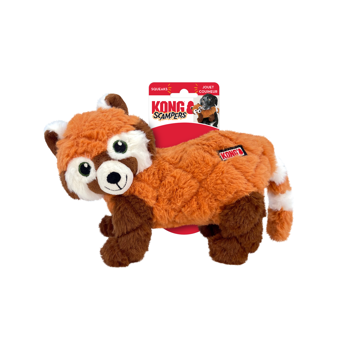 KONG Scampers Red Panda Medium Plush Dog Toy Durable Play - lifestyle view