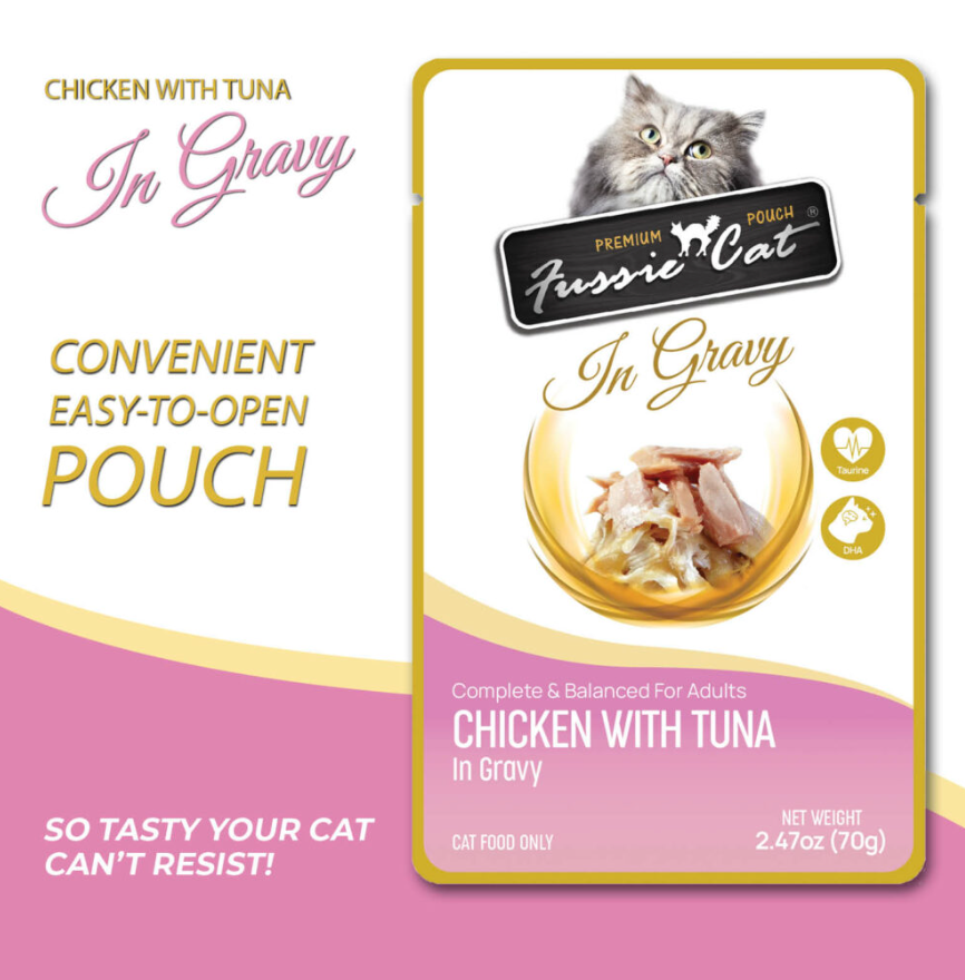 Fussie Cat Pouch Chicken With Tuna In Gravy 2 47Oz Wet Cat - lifestyle view