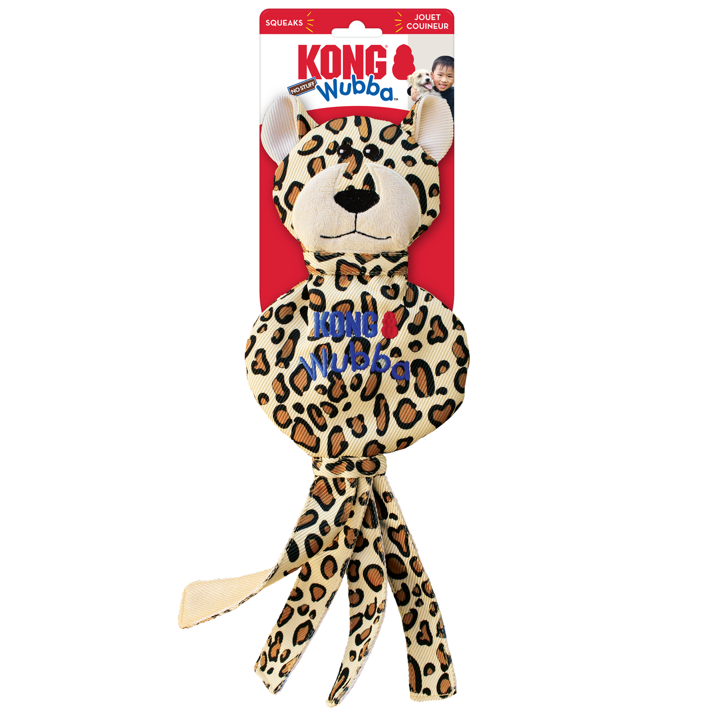 KONG Wubba No Stuff Cheetah Large Tug Dog Toy Durable Play - lifestyle view