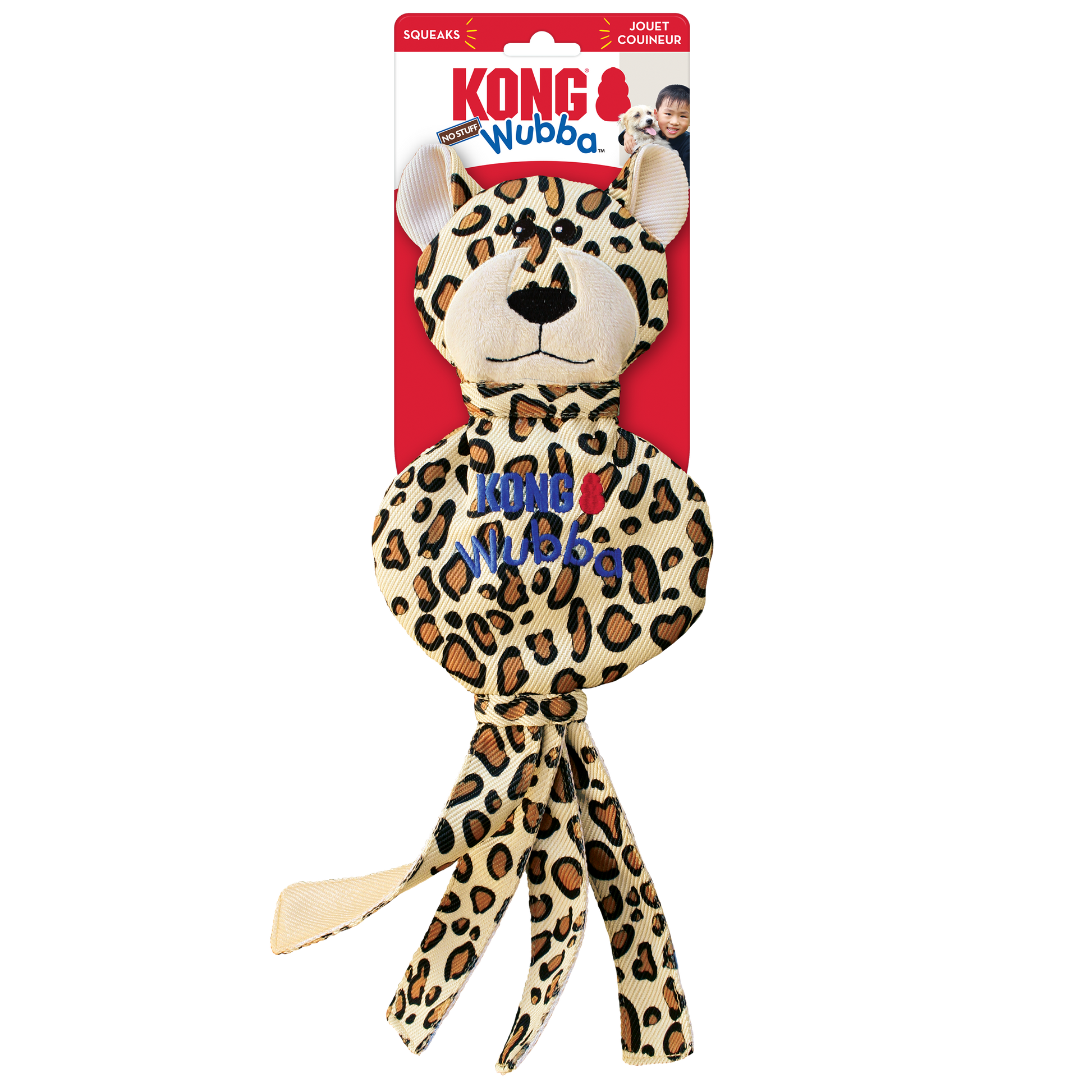 KONG Wubba No Stuff Cheetah Large Tug Dog Toy Durable Play - lifestyle view