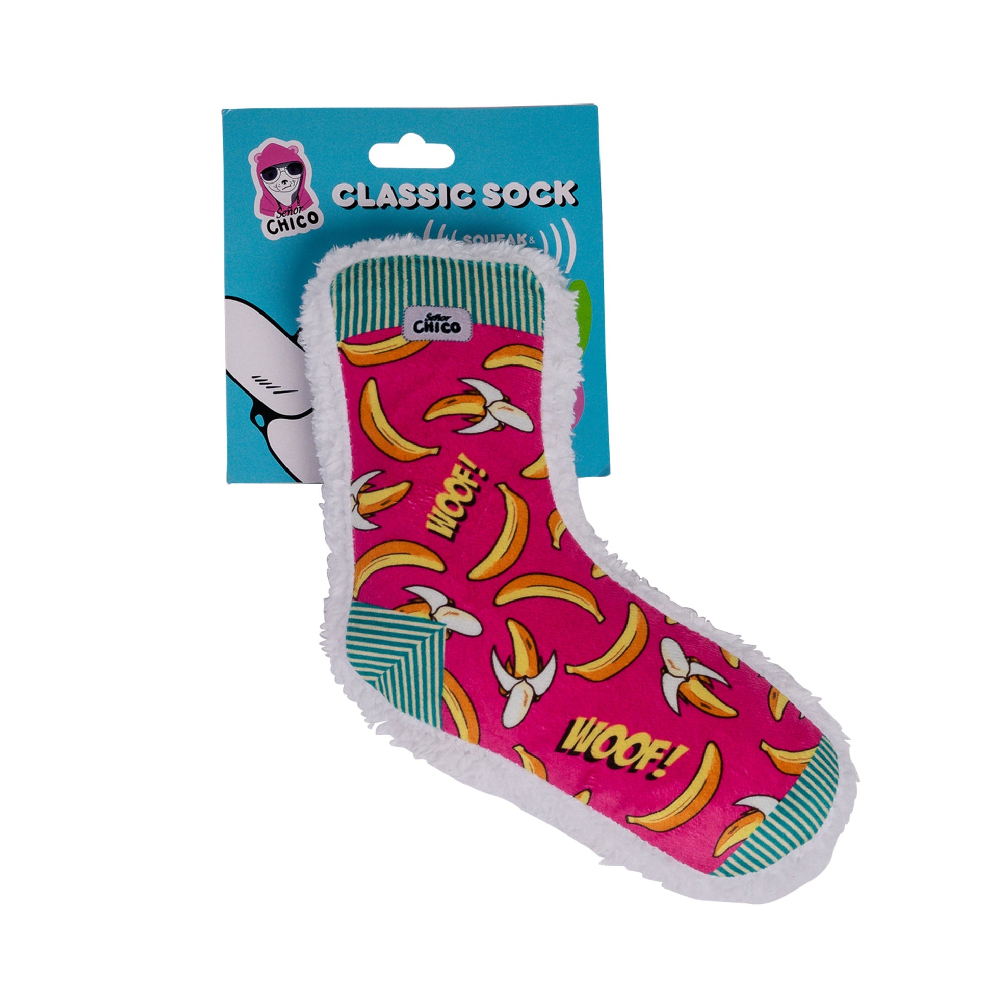 Dog Treats Squeaky Sock Plush Toy Whimsy Wonders Banana - lifestyle product image for dog treats