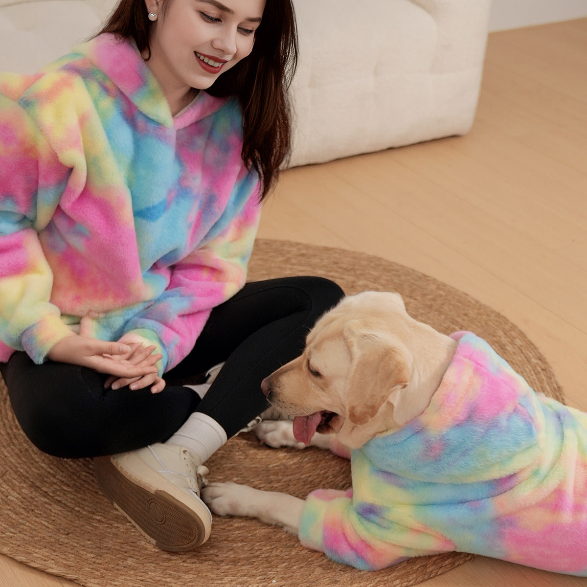 Pet Hoodie Tie Dye Rabbit Fur Rainbow-colored Dog Hoodie - detail view