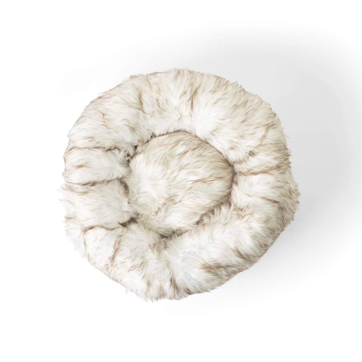 PupPoufT Faux Fur Donut Dog Bed - White with Brown Accents - close up view