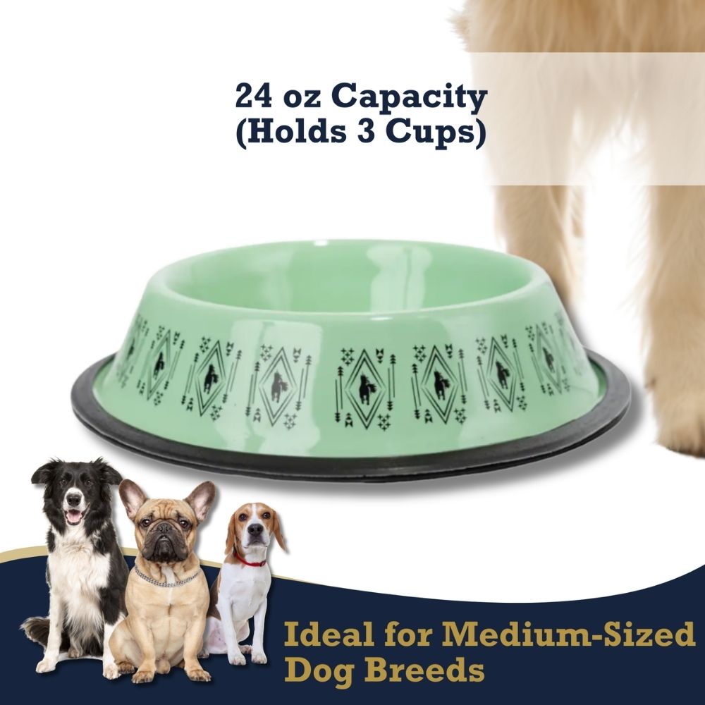 Dog Feeder Non-Skid Boho Stainless Steel Bowl with Whimsical - close up product image for dog feeder