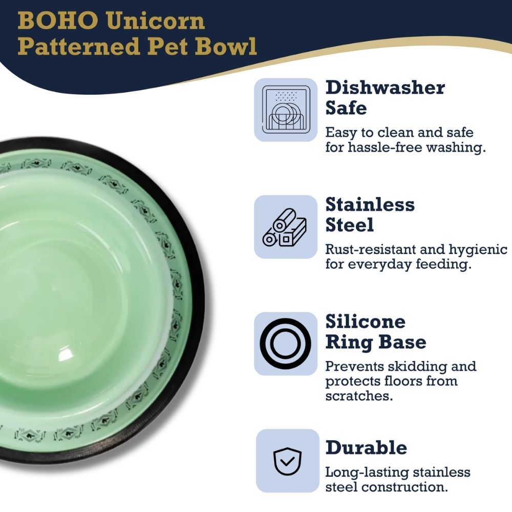 Dog Feeder Non-Skid Boho Stainless Steel Bowl with Whimsical - size and texture image for dog feeder