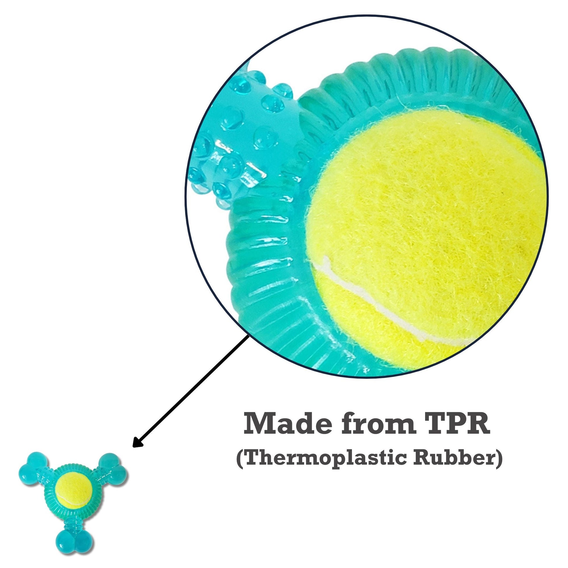 Dog Treats 3-Bone TPR Chew Toy with Squeaker Tennis Ball - close up product image for dog treats