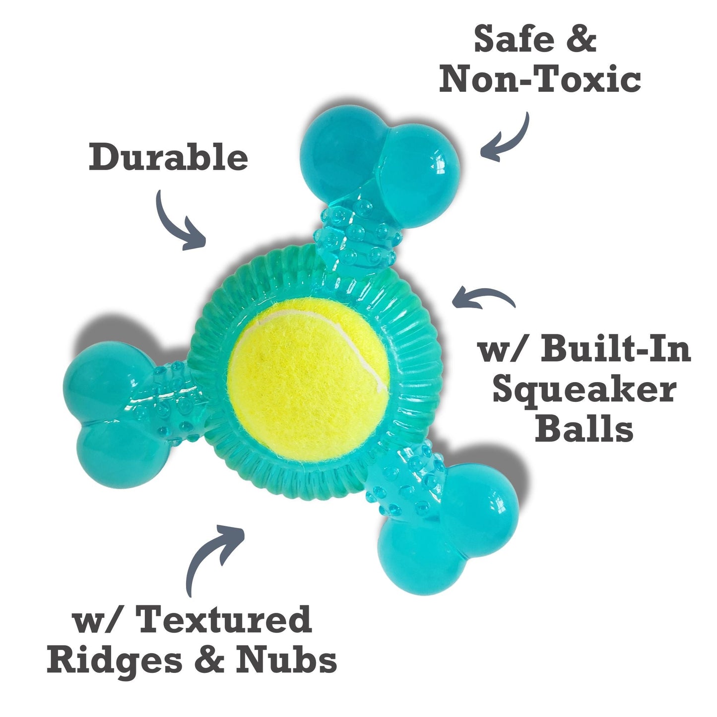 Dog Treats 3-Bone TPR Chew Toy with Squeaker Tennis Ball - size and texture image for dog treats