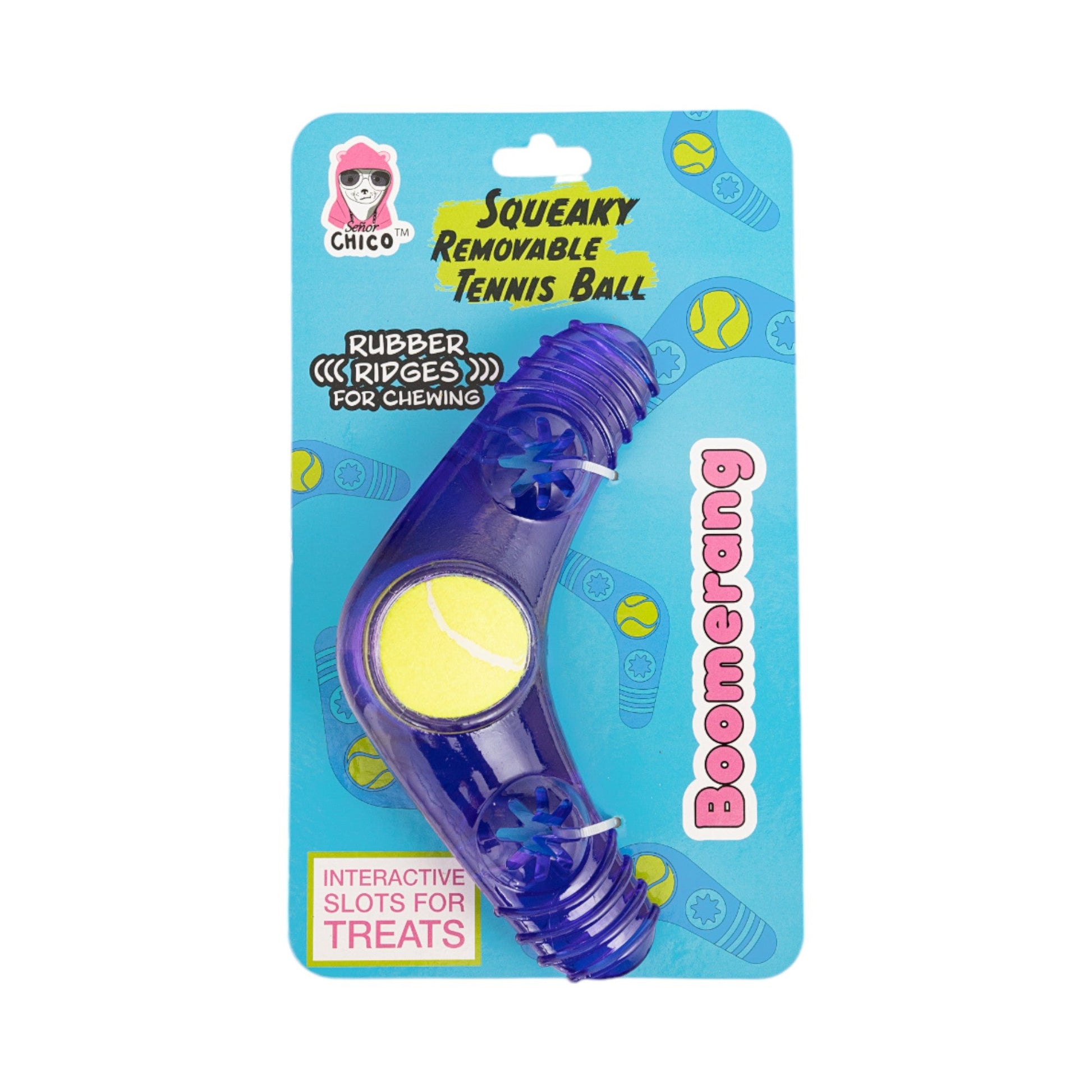Dog Treats TPR Boomerang Chew Toy with Removable Squeaker - size and texture image for dog treats