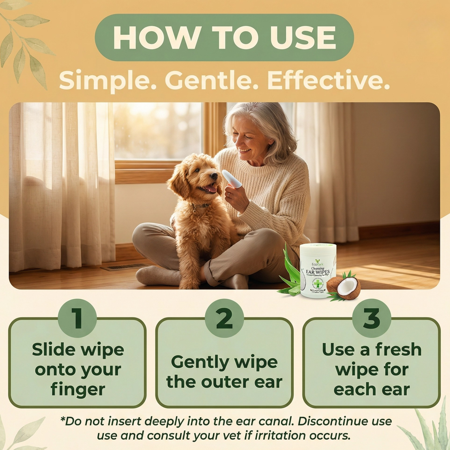 Dog Supply Natural Ear Finger Wipes EcoBark Coconut Essentia - size and texture image for dog supply