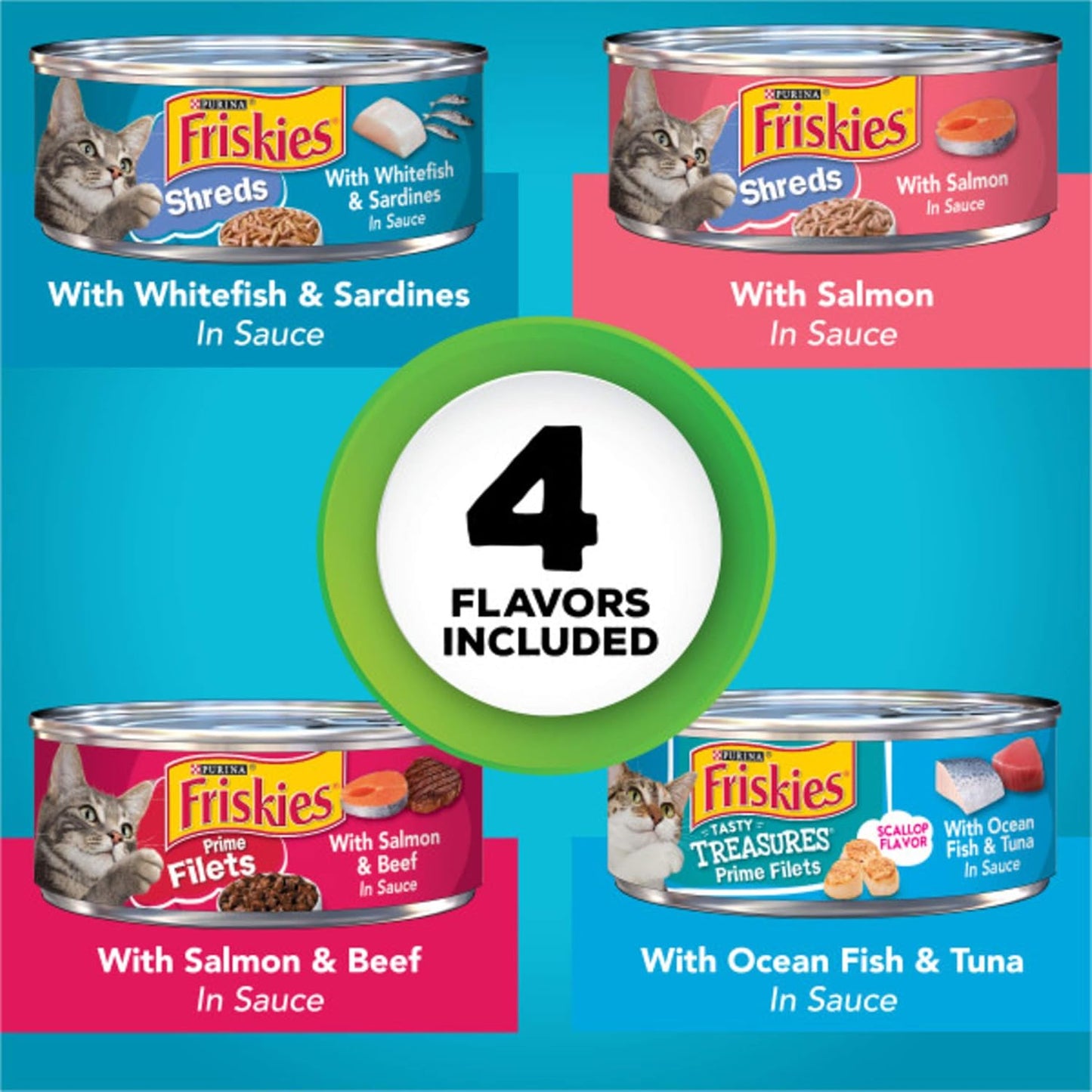 32Ct 5.5oz Friskies Fish-A-Licious Variety Pack - detail view | Cat Food at Purrfect Pet Kingdom