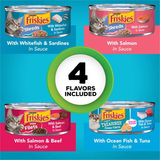 32Ct 5.5oz Friskies Fish-A-Licious Variety Pack - detail view | Cat Food at Purrfect Pet Kingdom