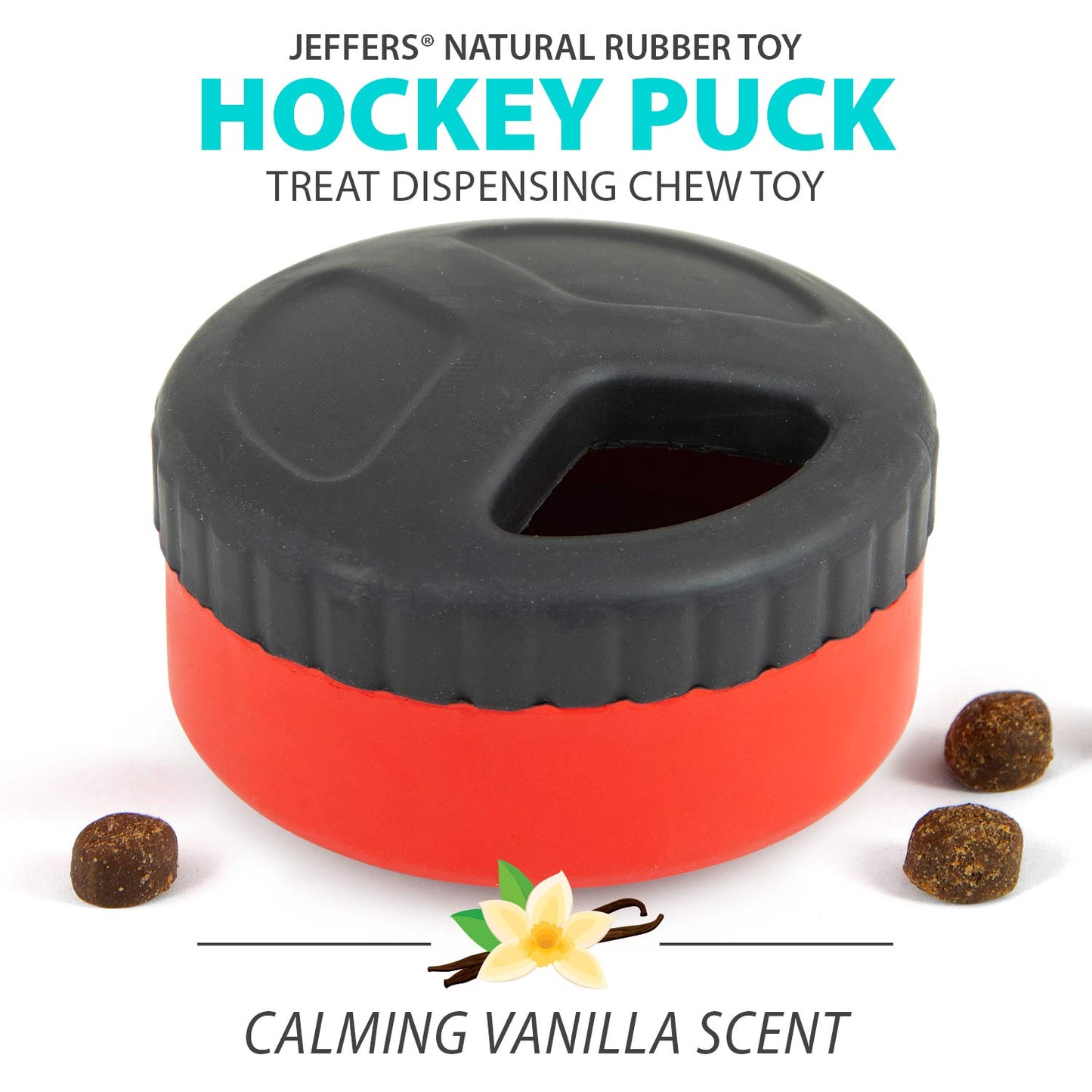 Red Hockey Puck Natural Rubber Treat Dispensing Dog - lifestyle view
