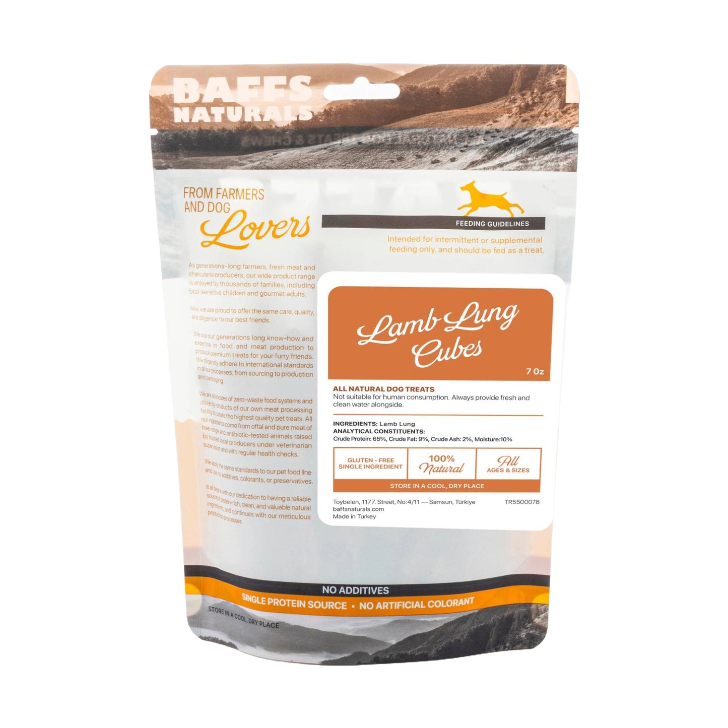 Dog Treats BAFFS NATURALS All-Natural Lamb Lung Cubes 7oz - size and texture image for dog treats