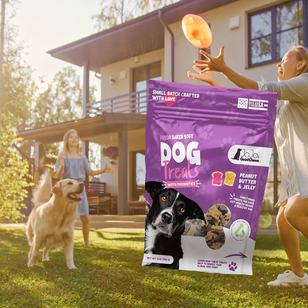 Dog Treats JoJo Good Chews Peanut Butter Jelly Soft Chew - lifestyle product image for dog treats