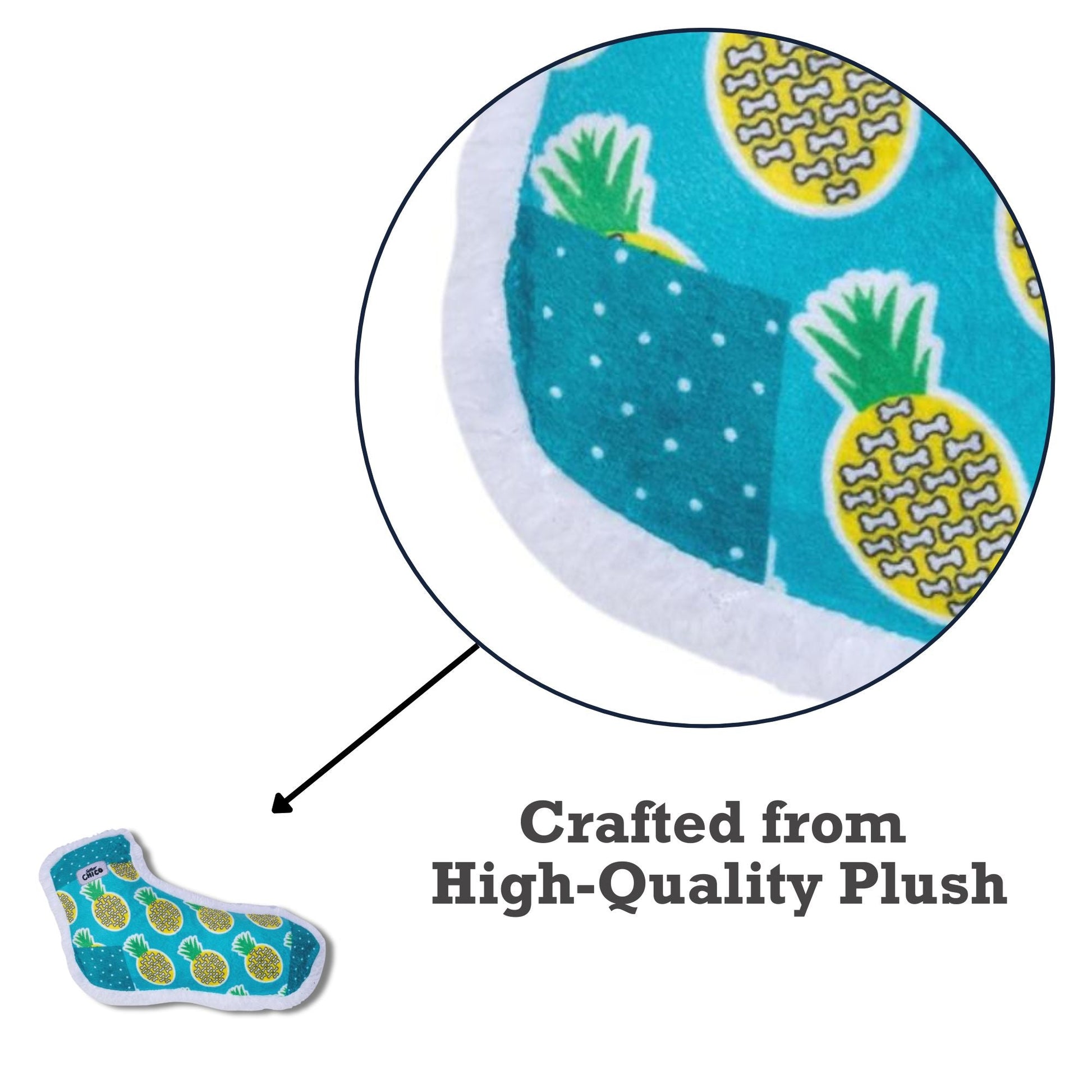 Dog Treats Squeaky Sock Plush Toy Whimsy Wonders Pineapple - close up product image for dog treats