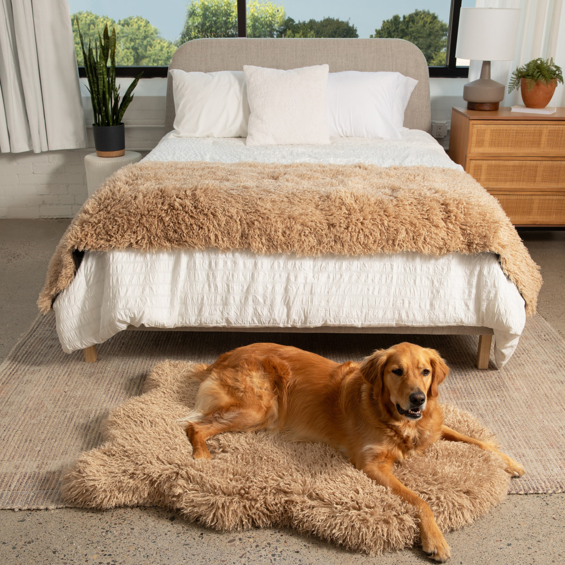 PupRug� Luxe Faux Fur Orthopedic Dog Bed -  Plush Sheep Tan - close up view