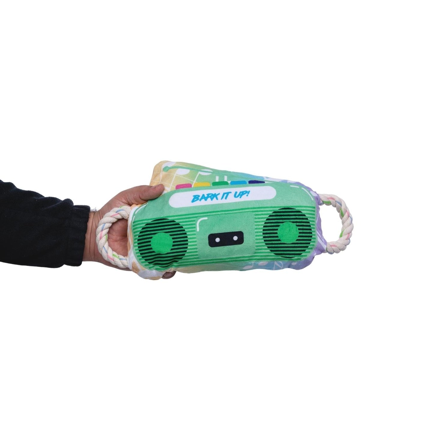 Dog Treats Retro Boombox Plush Toy with Squeaker Crinkle - size and texture image for dog treats
