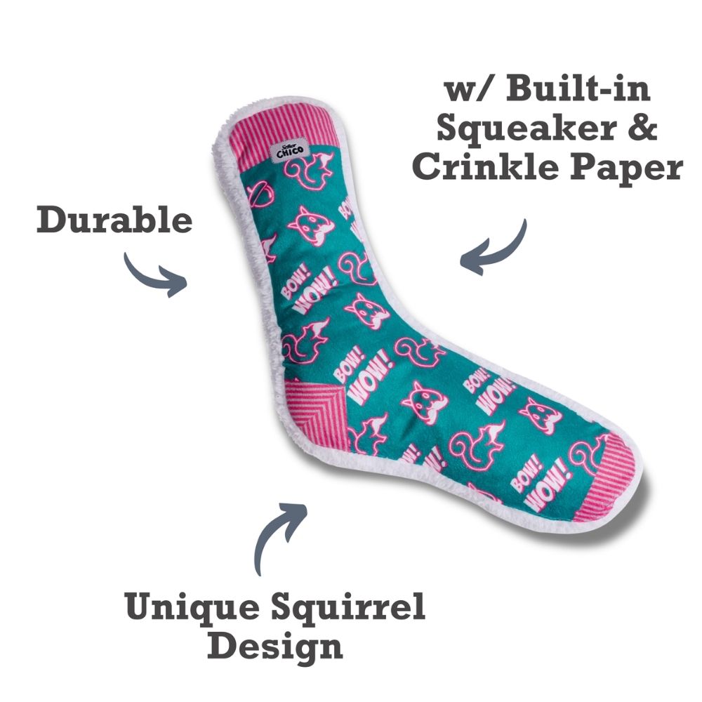 Dog Treats Squeaky Sock Plush Toy Whimsy Wonders Squirrel - size and texture image for dog treats