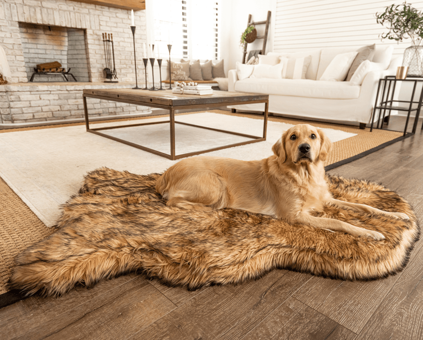 Memory Foam Dog Bed Faux Fur Sable Tan Orthopedic Comfort - lifestyle view