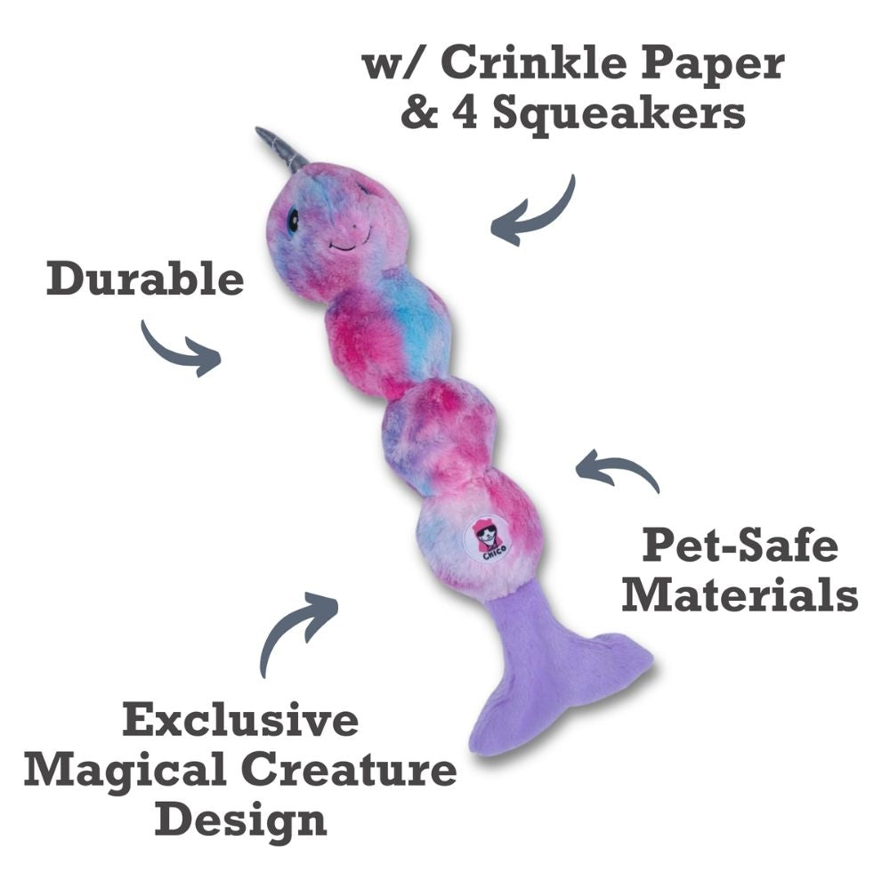 Dog Treats Tie Dye Skinny Narwhal Magical Creature Plush Toy - size and texture image for dog treats