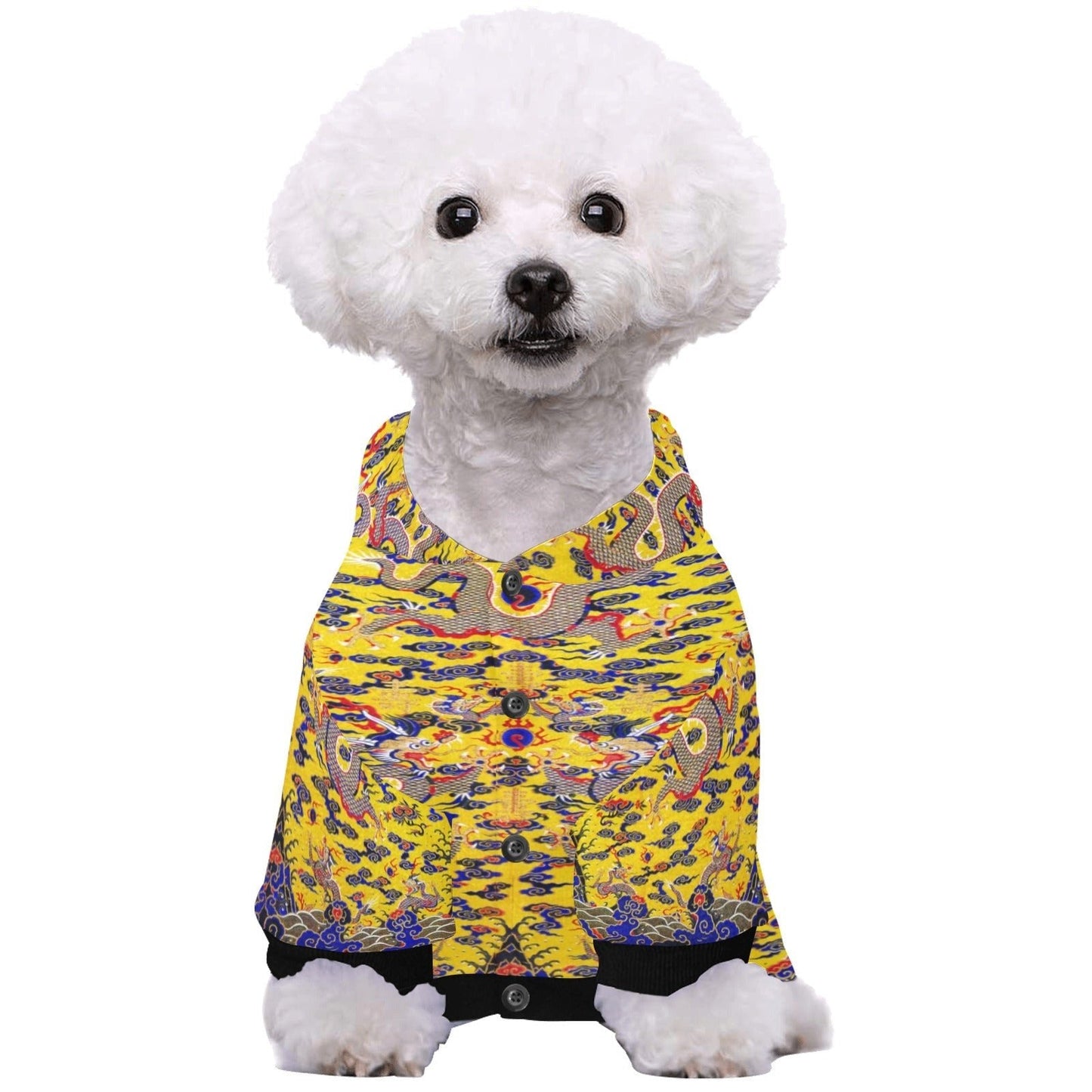 Pet Apparel Yellow Imperial Dragon Button Hoodie for Comfort - close up product image for pet apparel